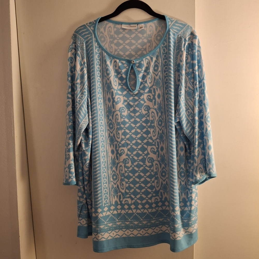 Susan Graver Blue Patterned Women's 3/4 Sleeve Top